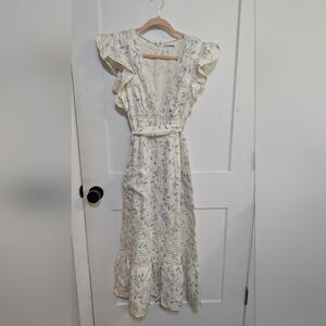 Reformation Ruffle Linen Dress in Cream with Blue floral Print